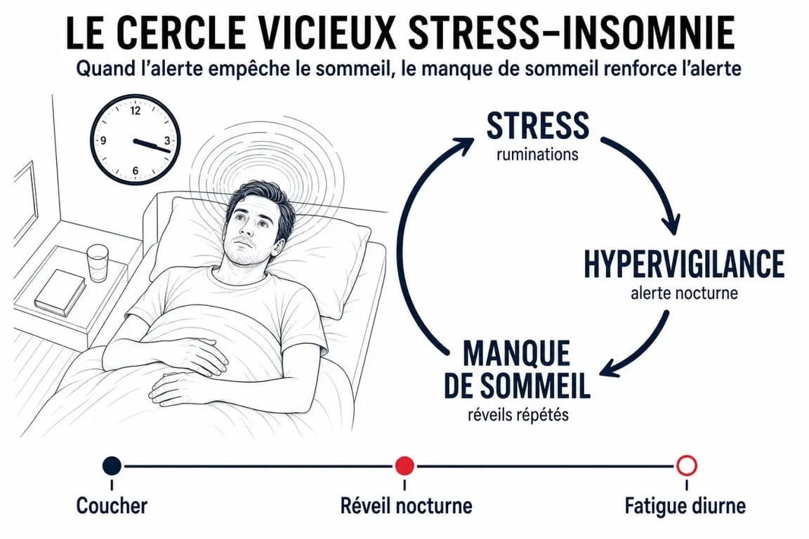 Insomnie stress : schéma du cercle vicieux entre stress, hypervigilance et manque de sommeil