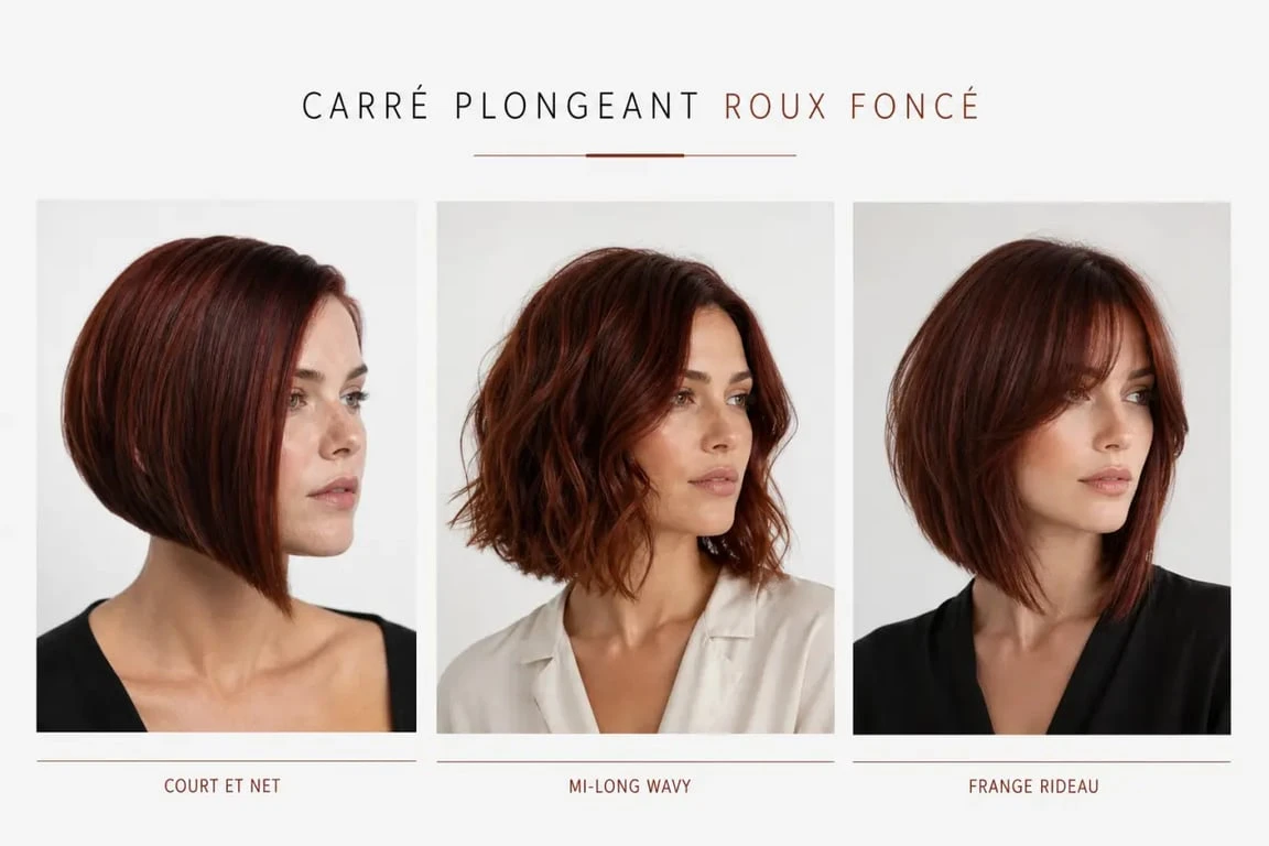 Inspirations de carré plongeant roux foncé avec plusieurs variantes de coupe et de coiffage