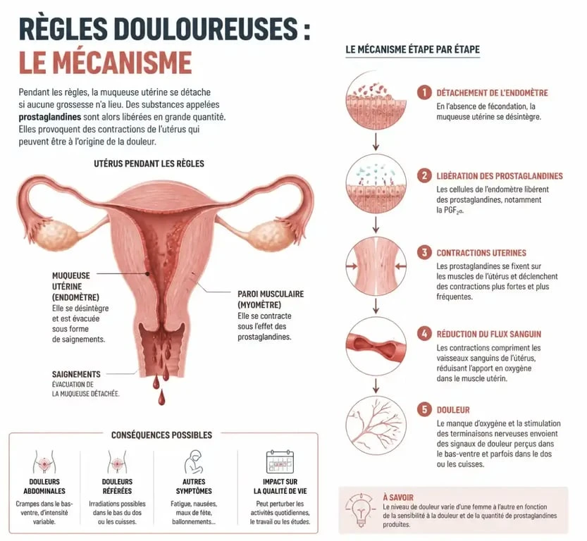 Schéma explicatif des causes des règles douloureuses et des prostaglandines