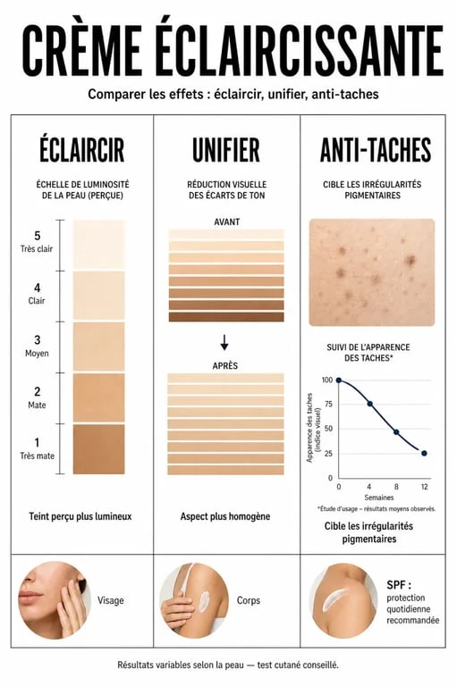 Crème éclaircissante : comparaison entre éclaircir, unifier et anti-taches