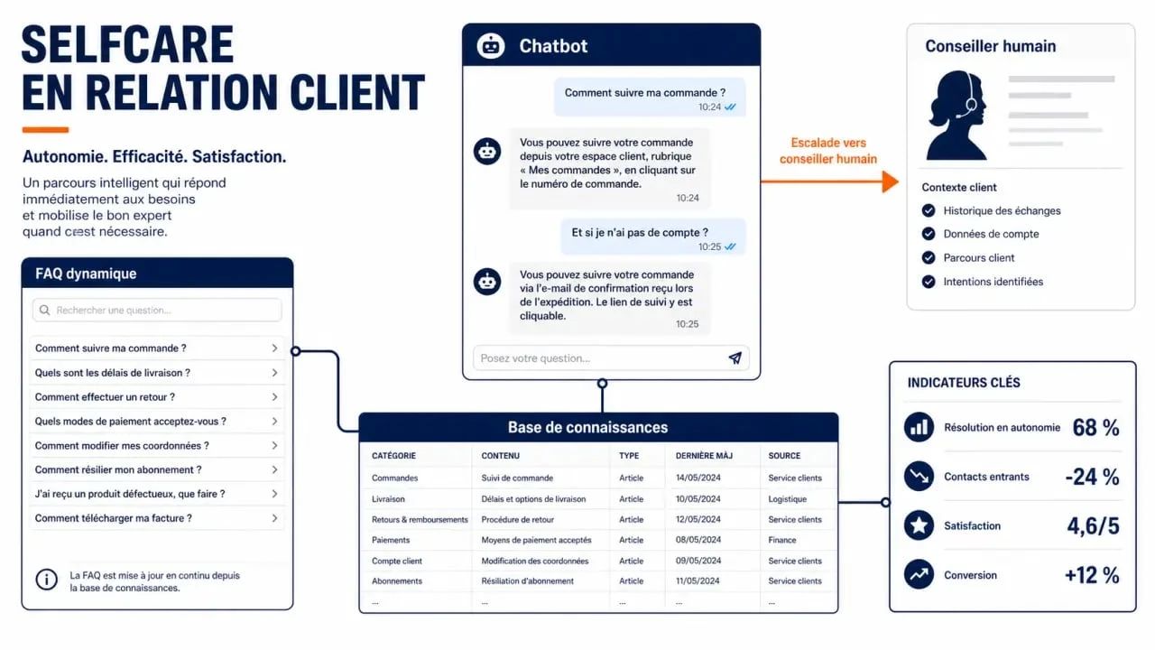 Selfcare définition en relation client avec FAQ dynamique, chatbot et KPI