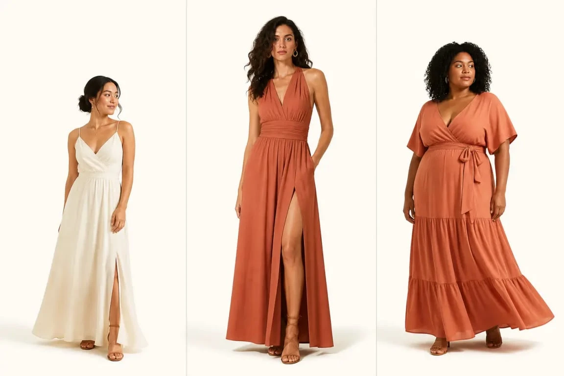 Robe longues femme ete adaptées à différentes morphologies en composition éditoriale