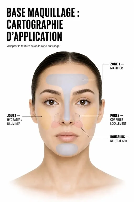 Base maquillage : zones d’application sur le visage pour matifier la zone T et illuminer les joues