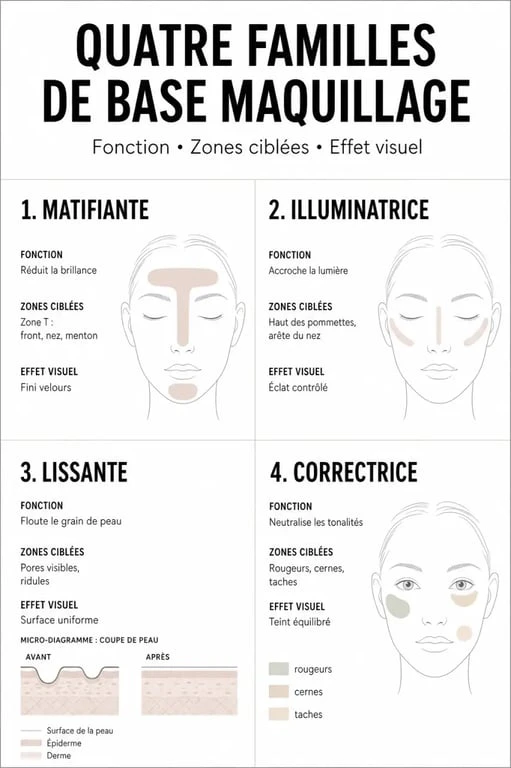 Base maquillage : comparaison des bases matifiante, illuminatrice, lissante et correctrice selon le type de peau
