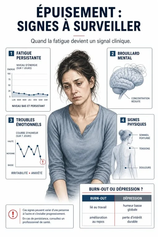 Infographie sur les burn out symptômes femme montrant fatigue, brouillard mental et comparaison burn-out vs dépression