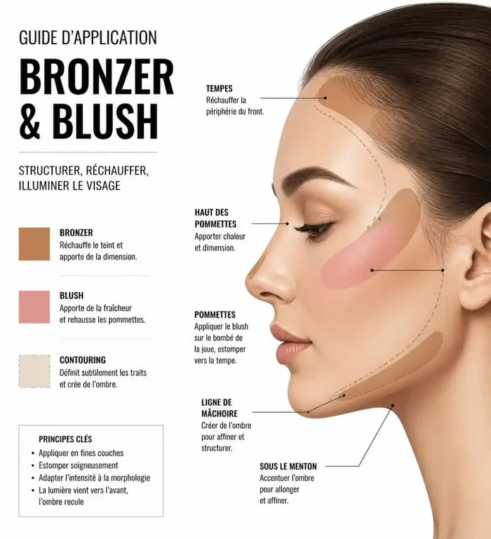 Schéma d'application du bronzer et du blush pour un maquillage naturel