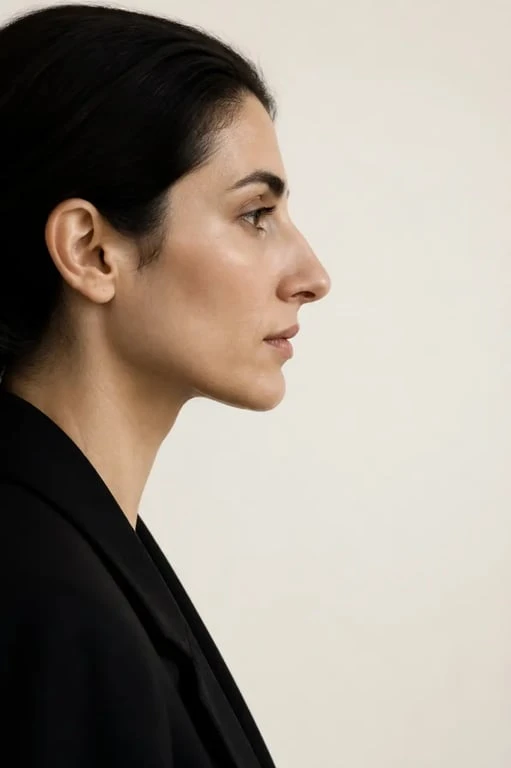 Long nez femme profil : portrait éditorial d’une femme de profil avec nez marqué et lumière douce