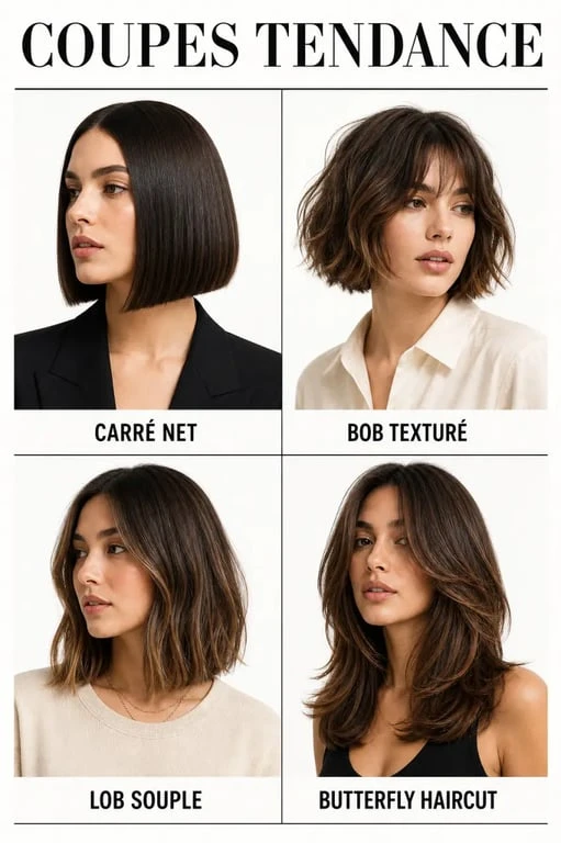 Mode coiffure femme : composition visuelle de coupes tendance pour femmes avec carré, bob, lob et butterfly haircut