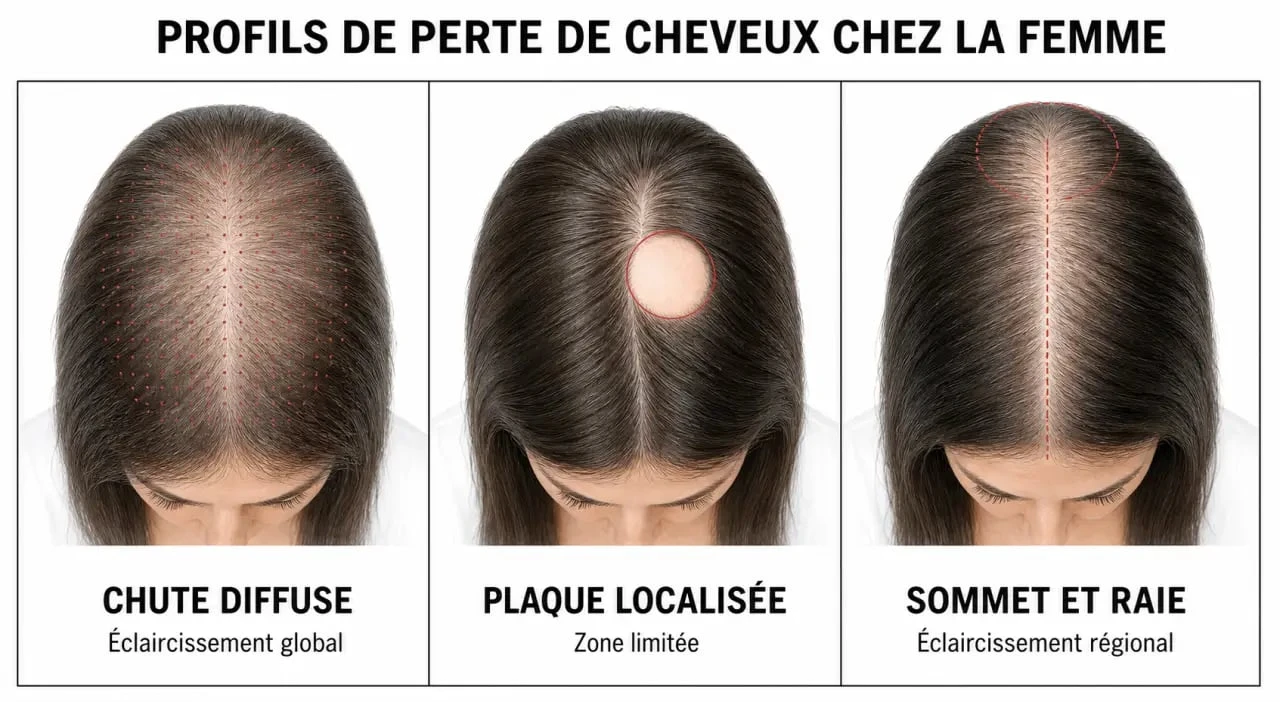 Perte des cheveux femme : comparaison des types de chute diffuse, localisée et régionale