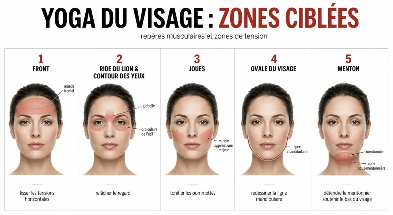 Yoga du visage : carte des zones ciblées et objectifs par zone