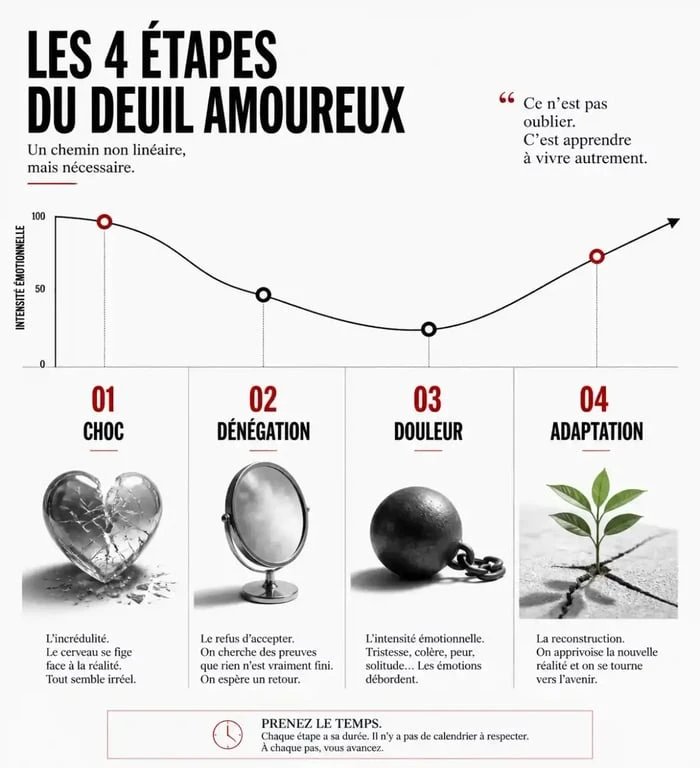 Infographie des quatre étapes de la rupture amoureuse et du deuil