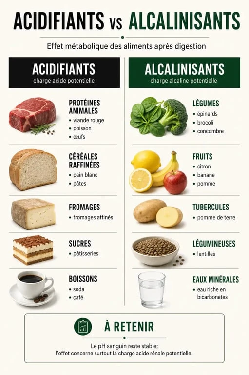 Comparaison des aliments acides ou alcalins dans une infographie éditoriale