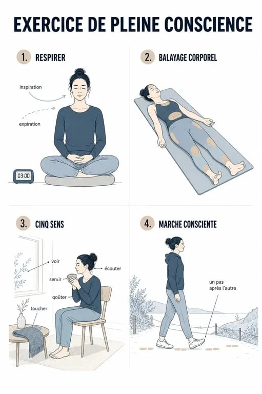 Exercice pleine conscience : quatre gestes simples pour respirer, scanner le corps, ancrer les cinq sens et marcher en conscience