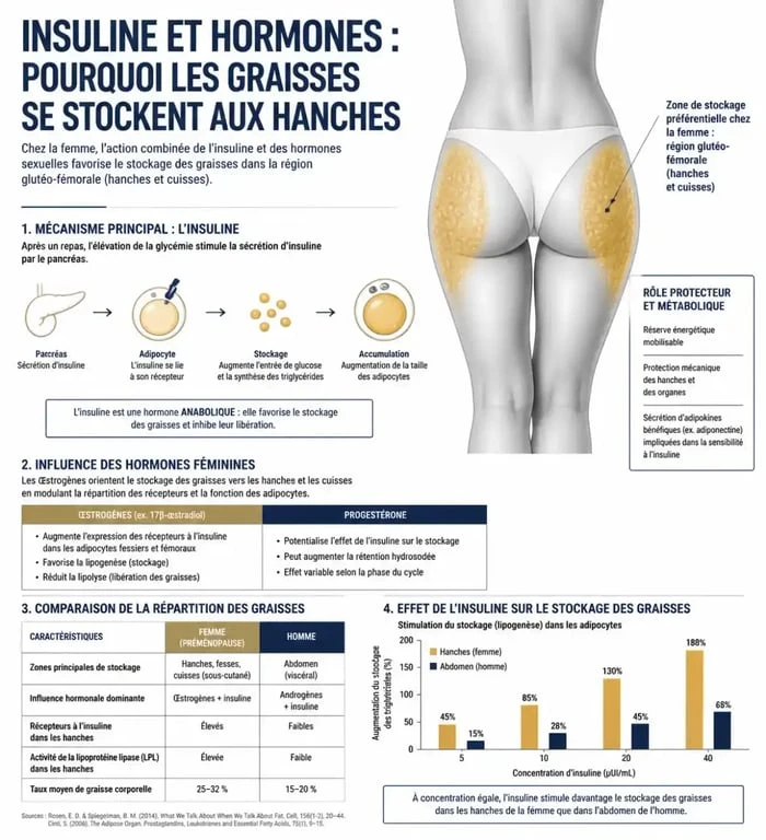 Schéma explicatif du stockage des graisses et poignées d'amour chez la femme