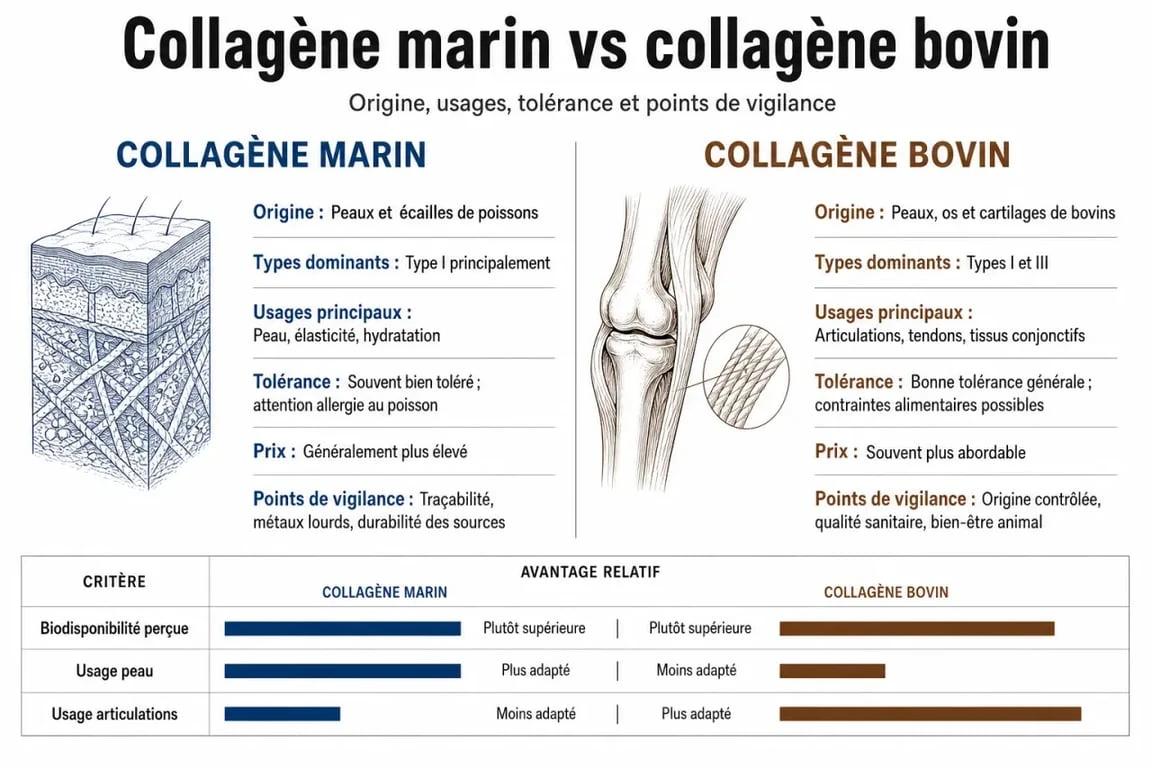 Différence collagene marin et bovin : infographie comparative sur l'origine, les types, l'assimilation et les usages