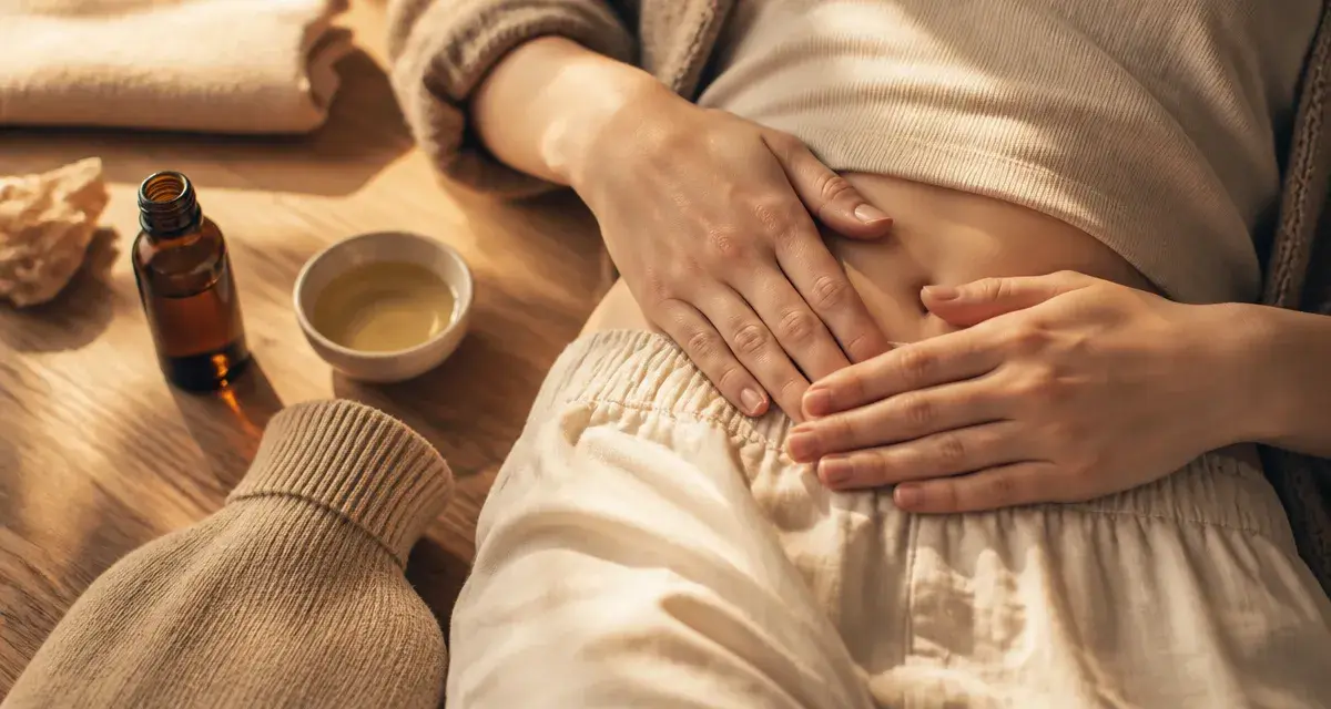 Huiles essentielles et règles douloureuses : masse du bas-ventre, bouillotte, flacon d’huile essentielle.