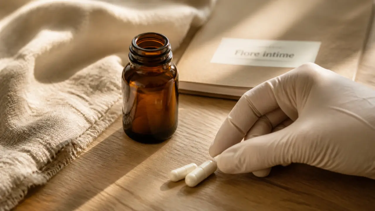 Probiotique flore intime : gélules près d’un flacon