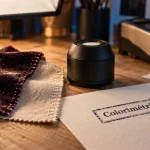 Colorimétriques : colorimètre sur bureau, tissus sous boîte lumière