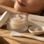 Crème exfoliante visage dans un pot en verre, micro-particules d’exfoliation