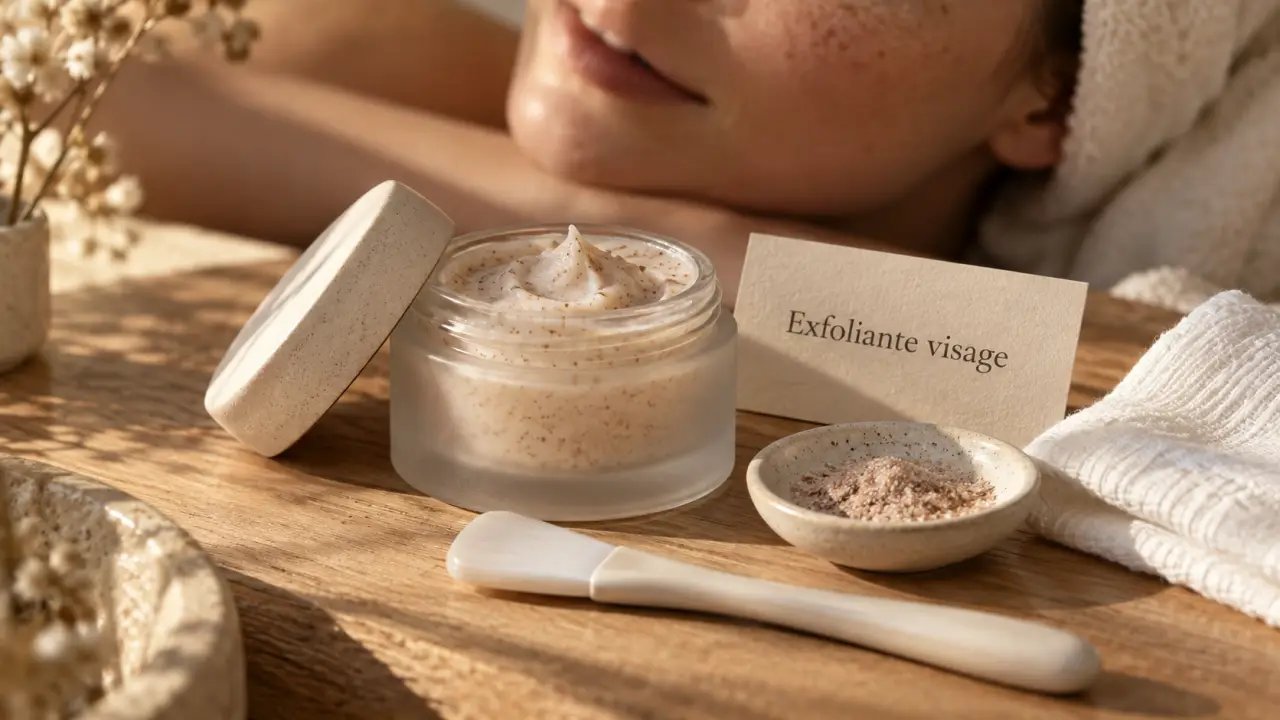 Crème exfoliante visage dans un pot en verre, micro-particules d’exfoliation