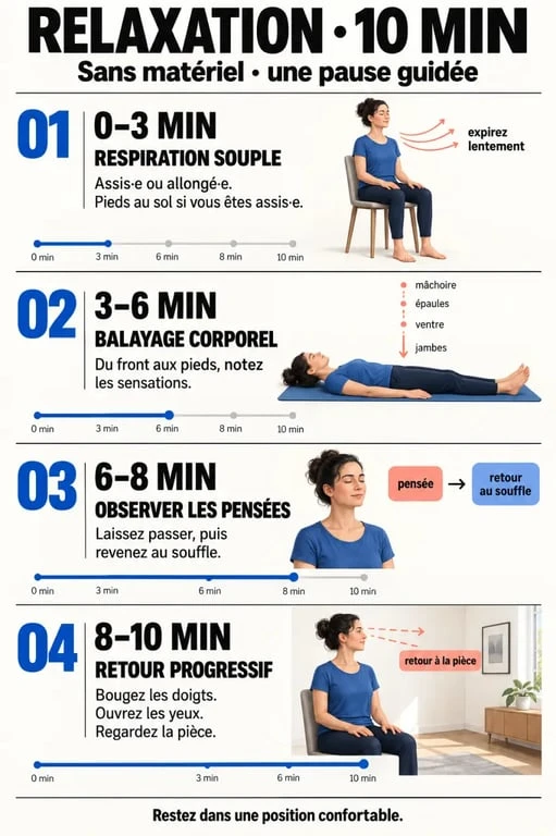 Déroulé visuel d'une relaxation 10 min avec respiration, balayage corporel et retour progressif