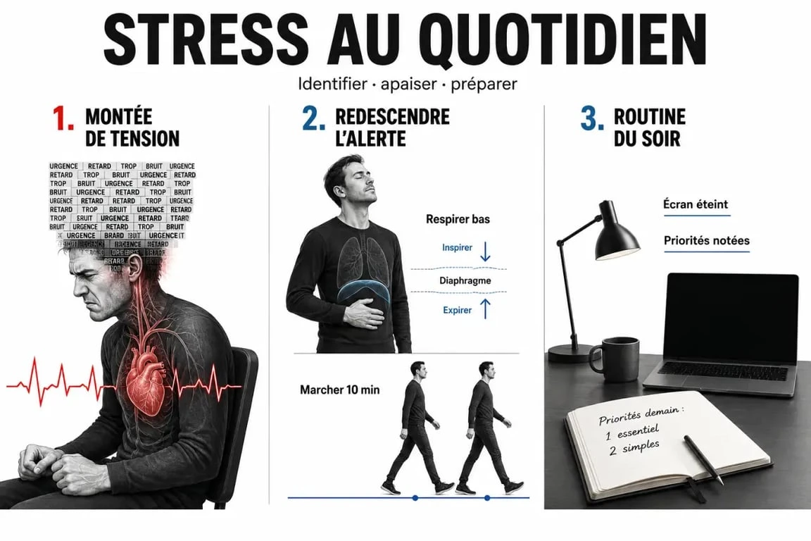 Apprendre à gérer son stress : schéma éditorial des signes d’alerte et des actions immédiates