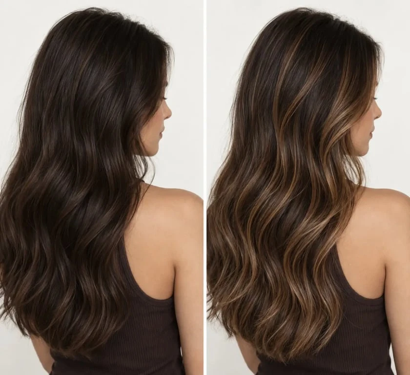 Quel balayage pour cheveux châtain foncé : résultat avant-après d'un balayage caramel fondu
