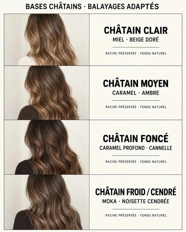 Quel balayage pour cheveux châtain selon la base naturelle : miel, caramel, cannelle ou moka
