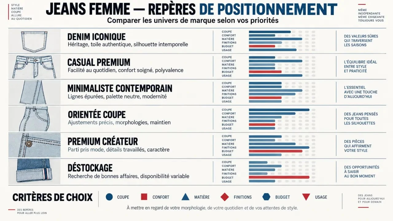 Infographie comparative des marques de jean femme selon le style, la coupe, le confort et le positionnement