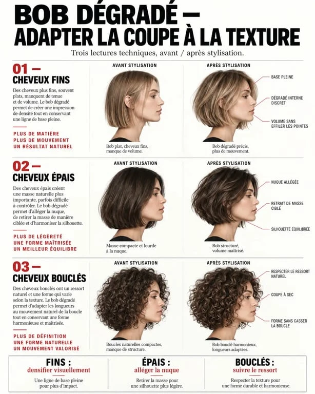 Coiffure bob dégradé adaptée aux cheveux fins, épais et bouclés