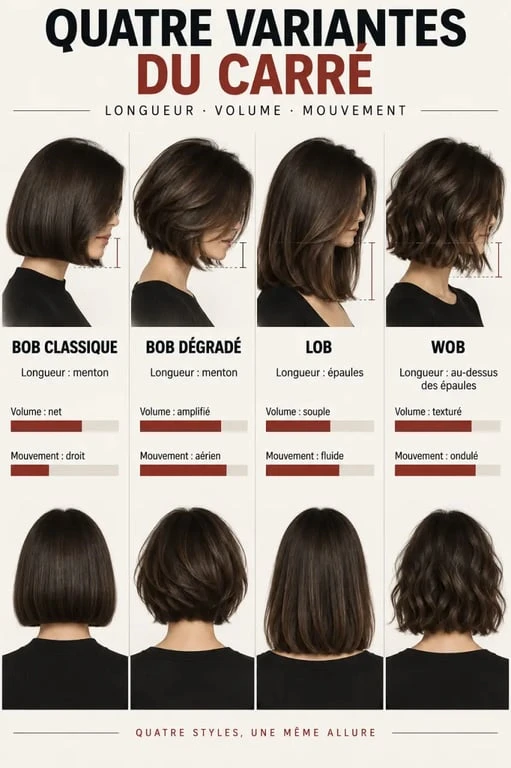Infographie des variantes de coiffure bob dégradé, bob classique, lob et wob
