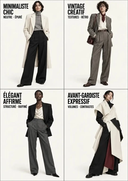 Test style vestimentaire : quatre profils de looks, minimaliste chic, vintage créatif, élégant affirmé et avant-gardiste