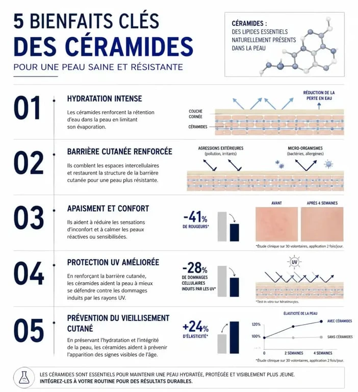 Infographie des 5 bienfaits d'une crème visage aux céramides