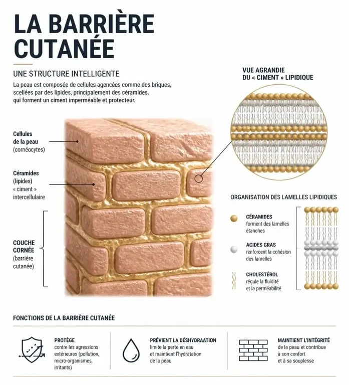 Schéma de la barrière cutanée et rôle des céramides dans une crème visage