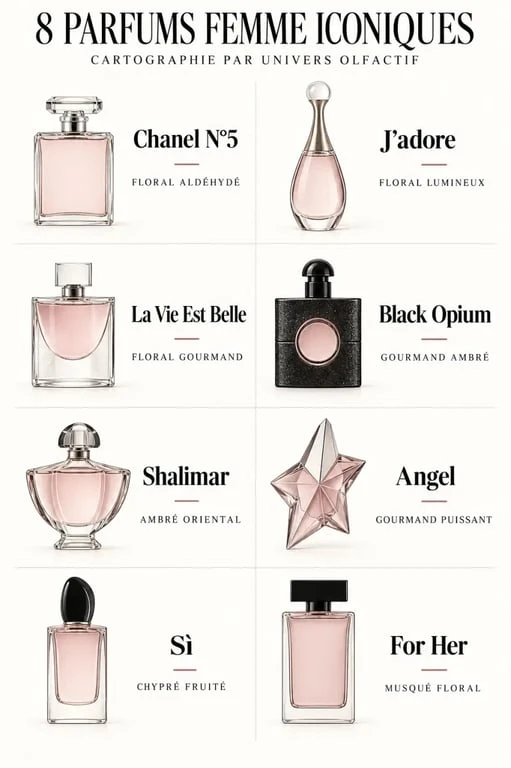 Infographie des meilleurs parfums femmes classés par famille olfactive