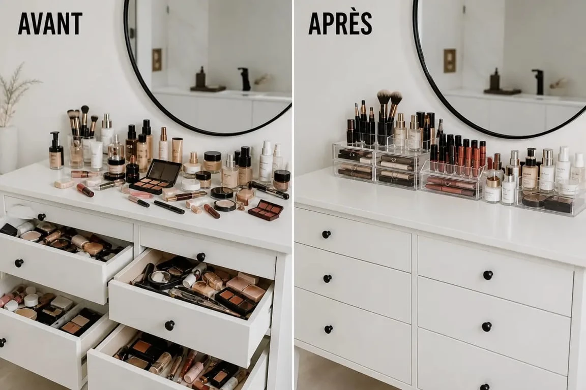 Avant-après d’un organisateur maquillage sur une coiffeuse, avec cosmétiques rangés et espace dégagé