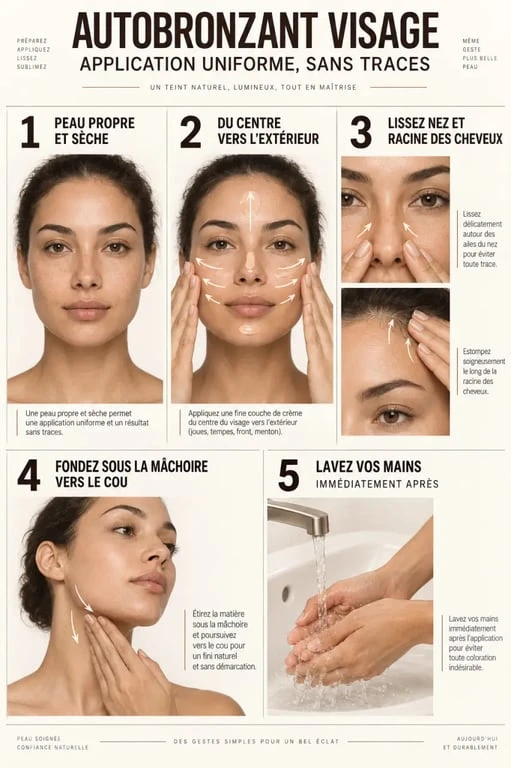 Étapes d'application d'une crème visage autobronzante sans traces