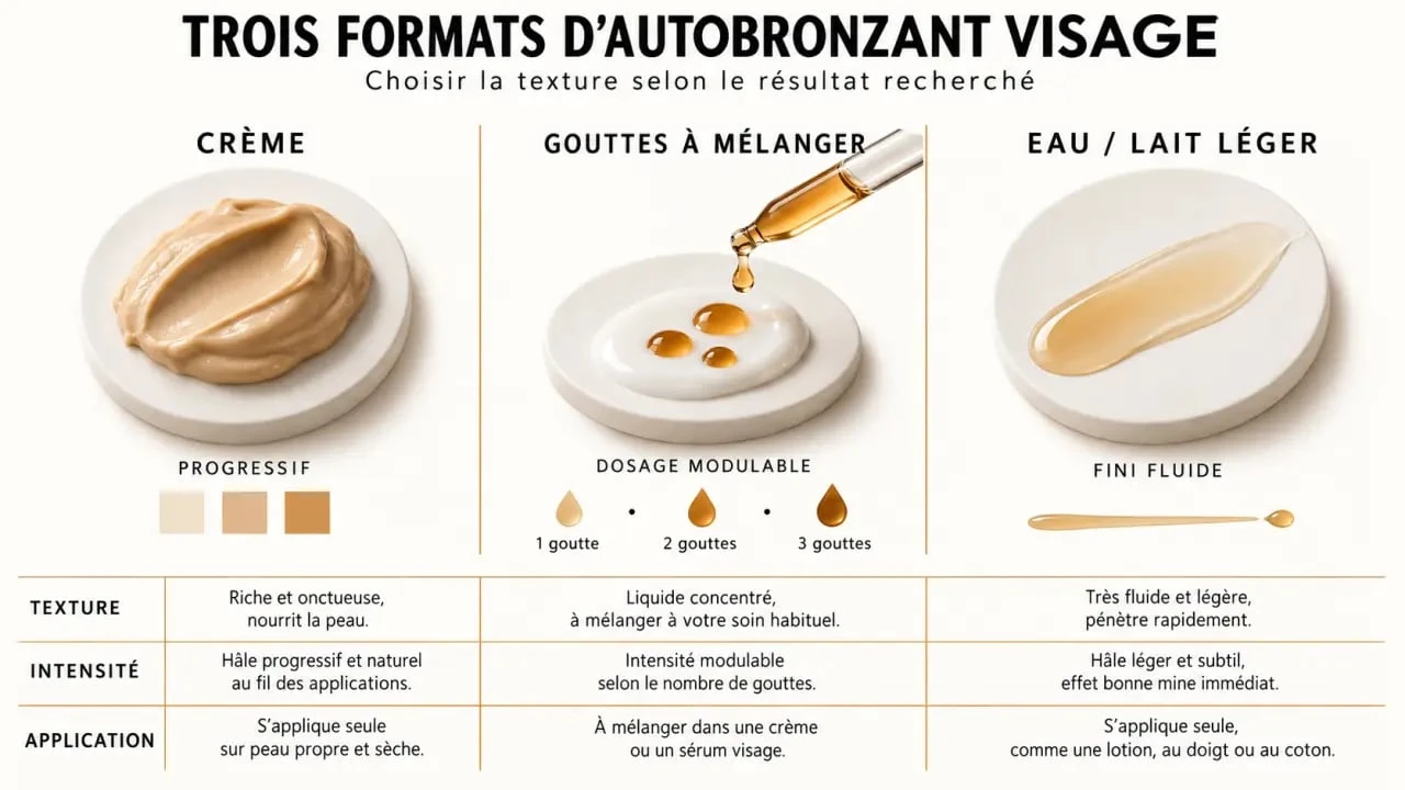 Comparaison des formats de crème visage autobronzante, gouttes et eau lactée