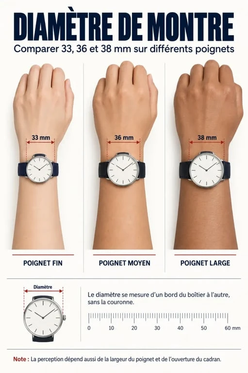 Infographie pour choisir le diamètre de belles montres femme selon la taille du poignet