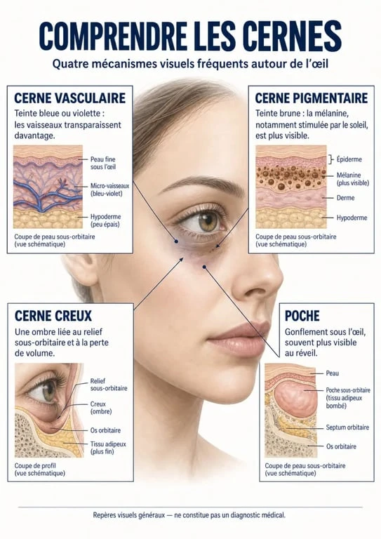 Infographie sur les causes des cernes sous les yeux : cernes vasculaires, pigmentaires, creux et poches