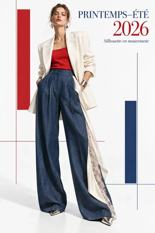 Silhouette tendance illustrant le style vestimentaire 2026 avec blazer, pantalon fluide et accessoires affirmés