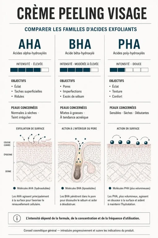 Infographie comparative des actifs d'une crème peeling visage AHA BHA et PHA selon les objectifs et les types de peau