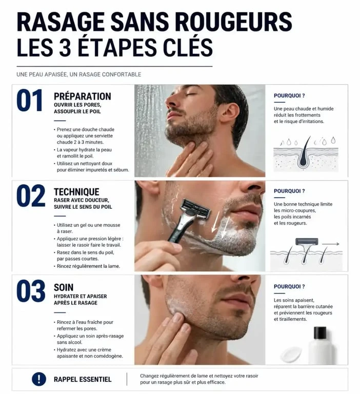 Infographie des étapes pour éviter la rougeur après rasage