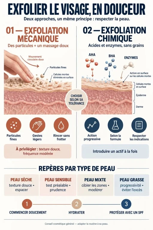 Infographie sur la crème exfoliante visage, les types d’exfoliation et les précautions selon la peau