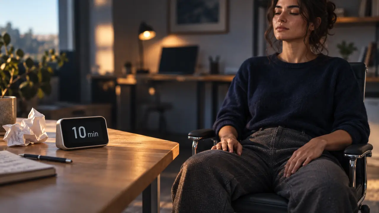 Relaxation 10 min : personne assise, minuteur 10 min, respiration apaisante