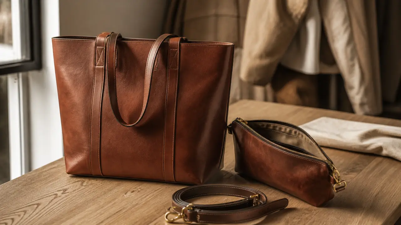 Sac a main marque en cuir, format cabas, finitions et coutures visibles