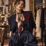 Style vestimentaire 2026 : blazer bleu marine et pantalon fluide, broche XXL rouge