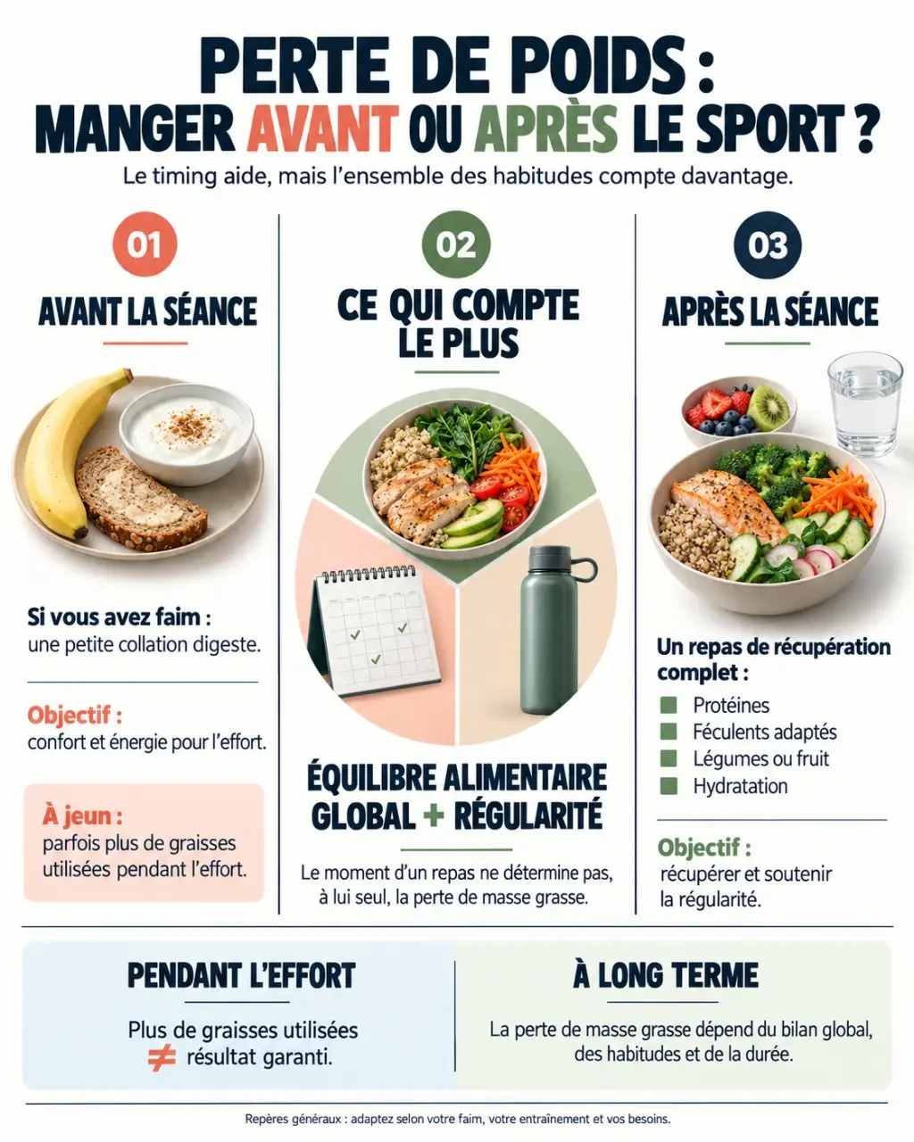 Infographie sur la perte de poids : manger avant ou après le sport selon la séance, la faim et la récupération