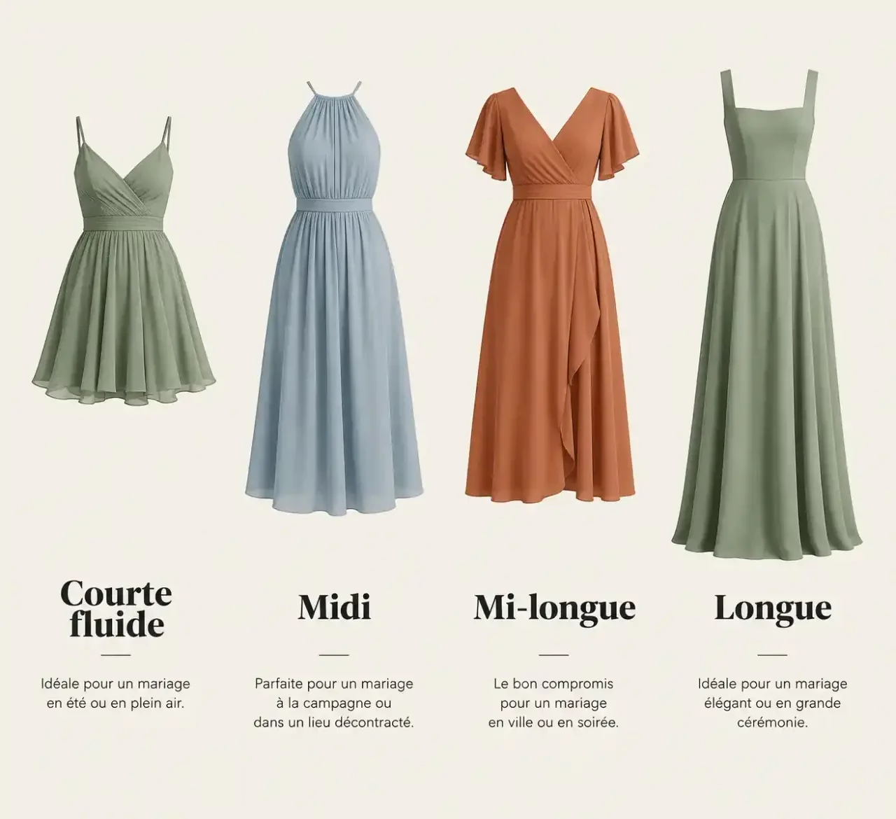 Longueurs de robe pour tenue de témoin de mariage : courte fluide, midi, mi-longue et longue selon le contexte de la cérémonie