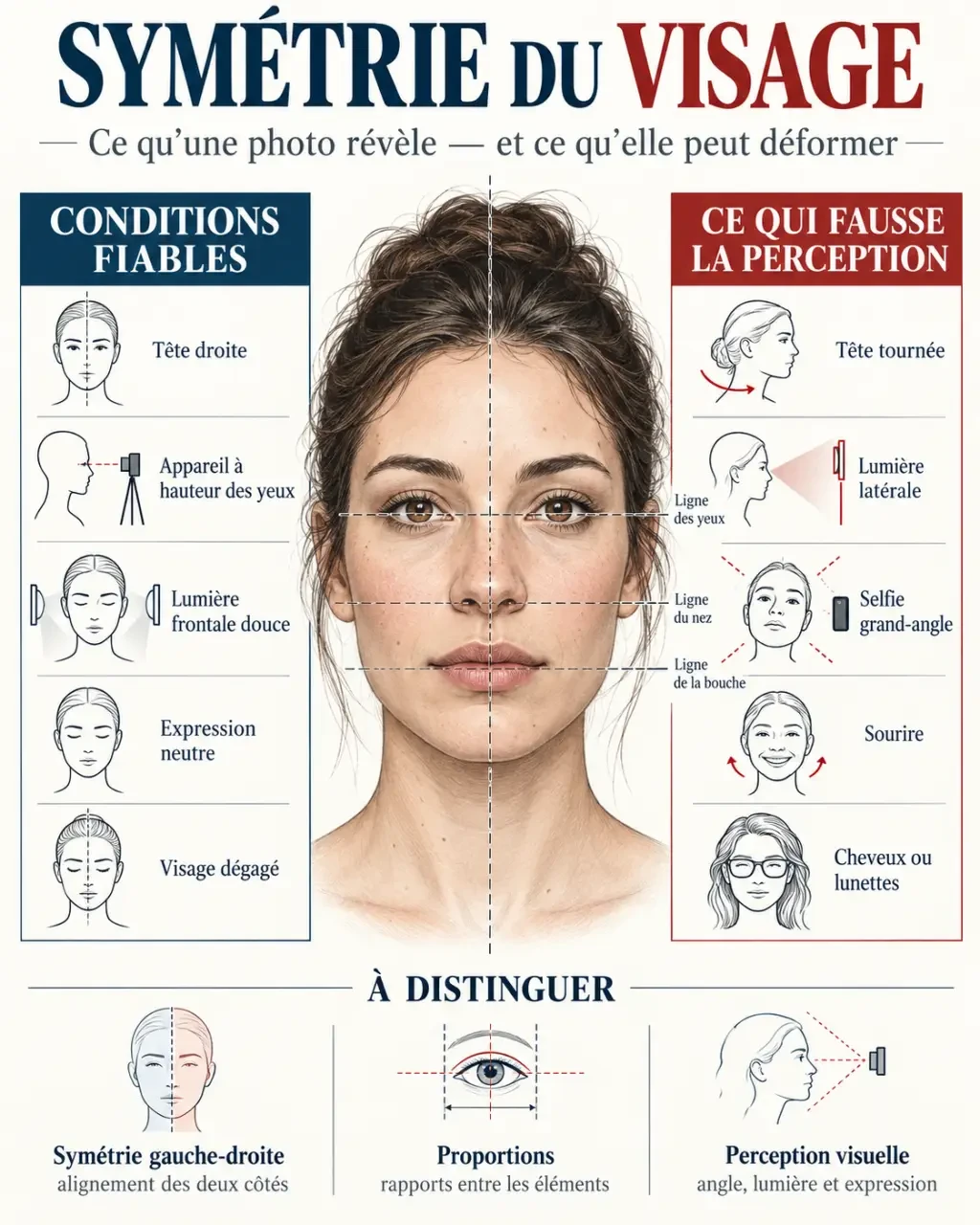 Infographie sur la symetrie visage et les facteurs qui faussent son analyse sur une photo